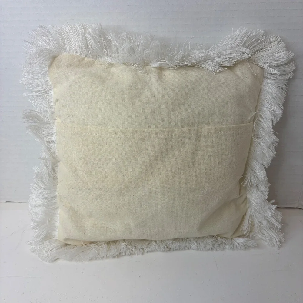 Vintage Handmade Needlepoint Teddy Bear Baby Nursery Throw Pillow Fringe Cream
